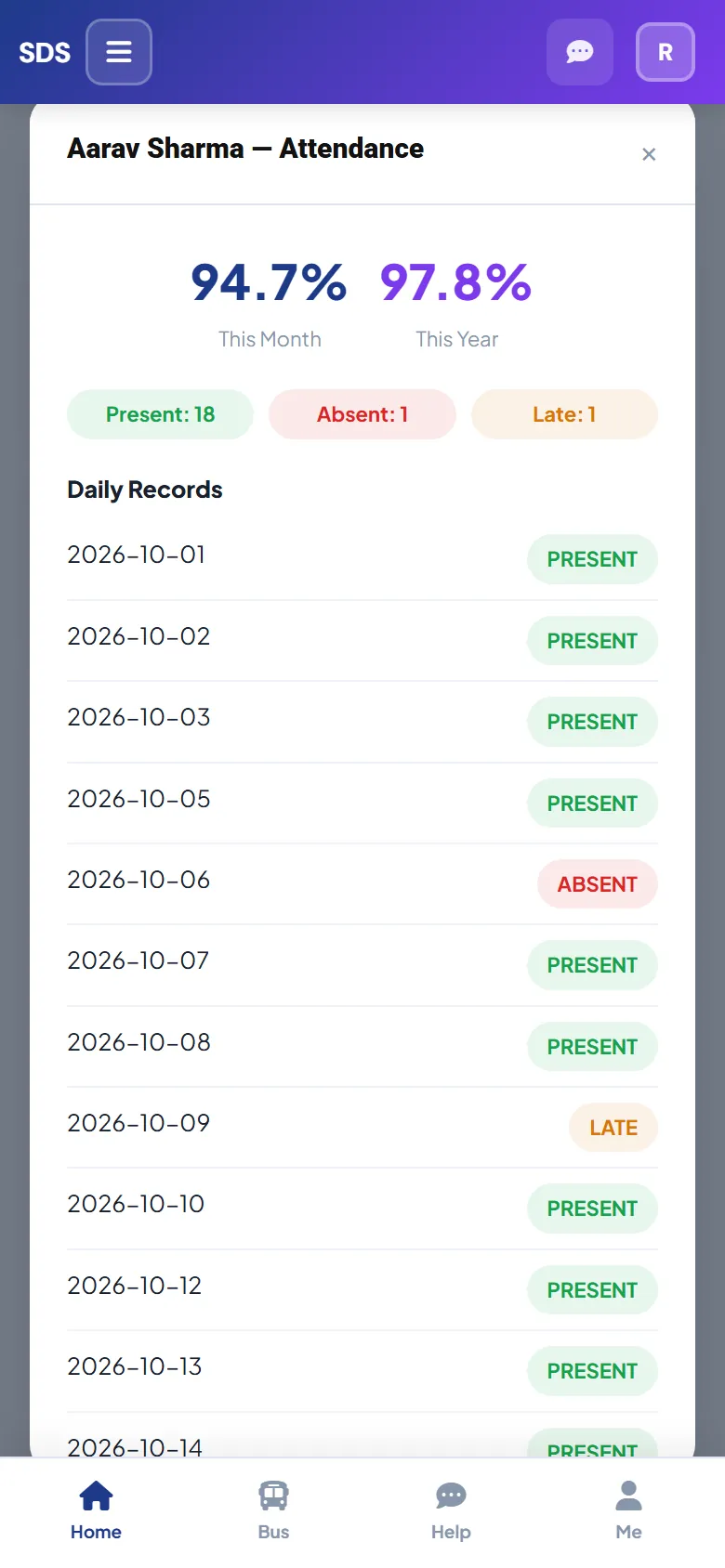 Day-by-day attendance on a phone