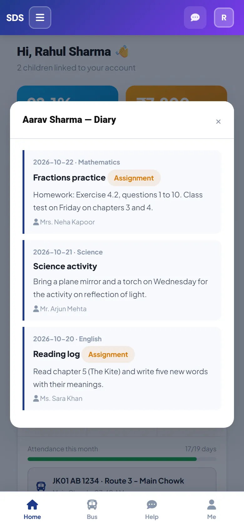 Diary and homework on a phone